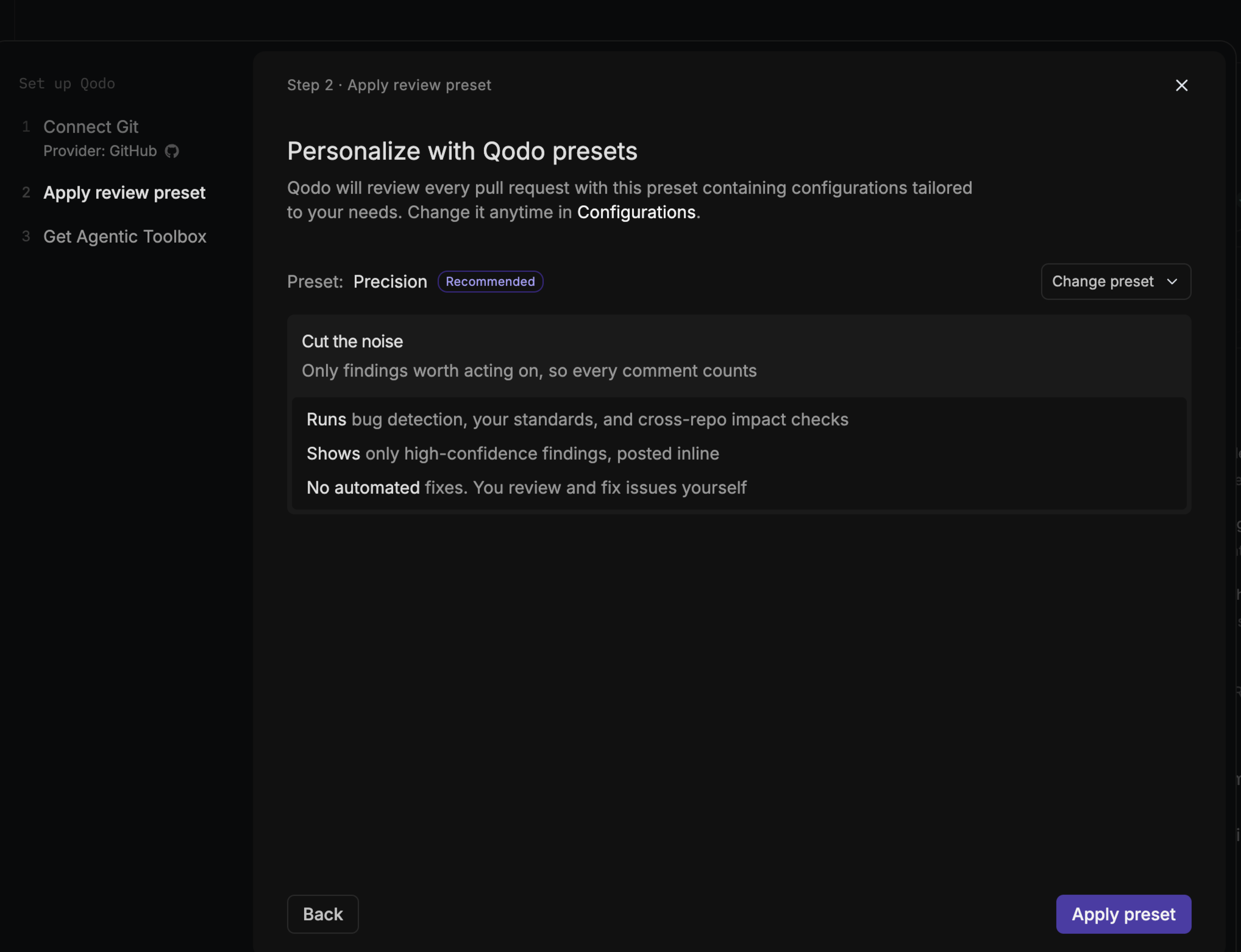 Onboarding wizard suggested preset screen showing the preset dropdown