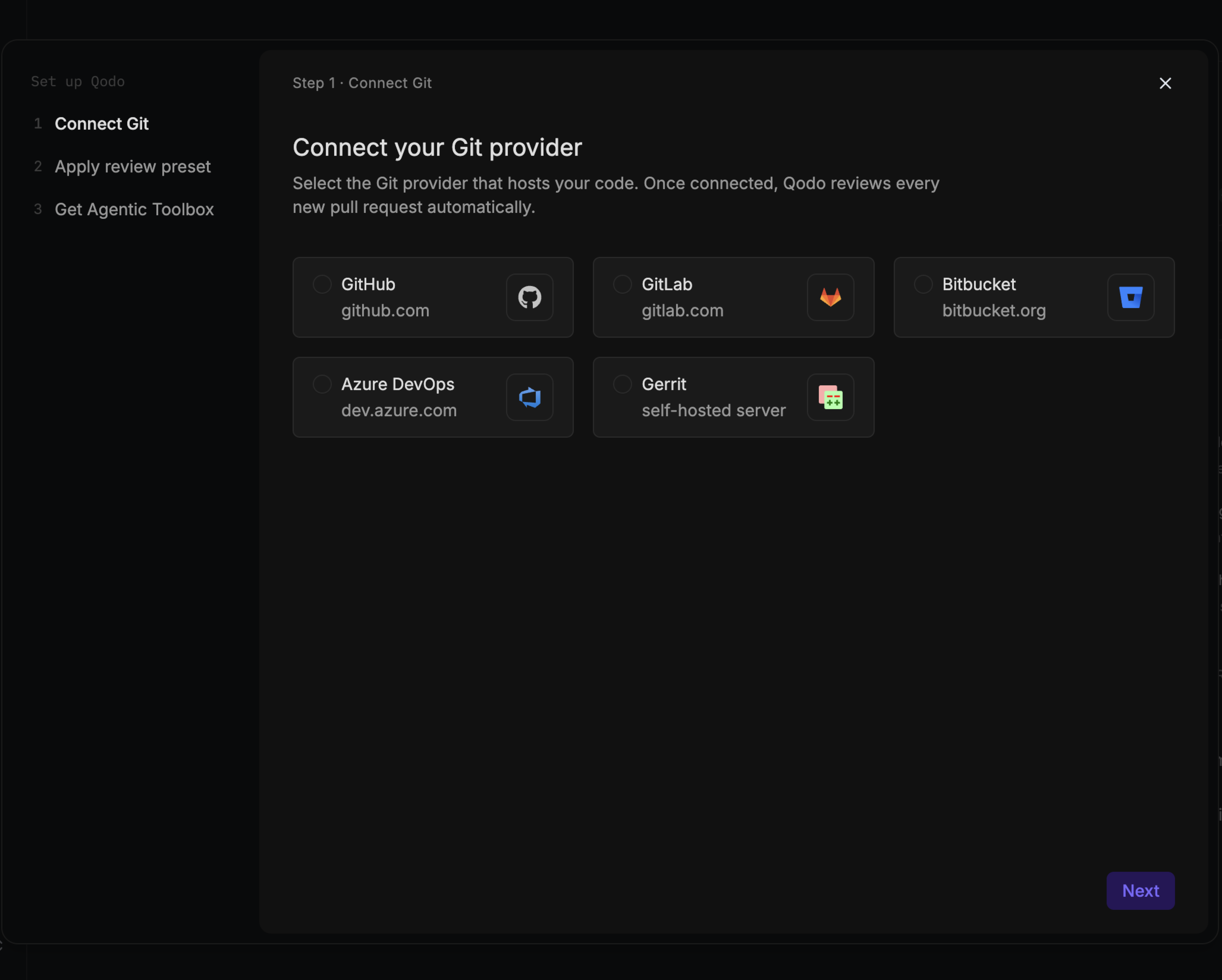 Onboarding wizard first screen showing the left panel and the Git provider selection