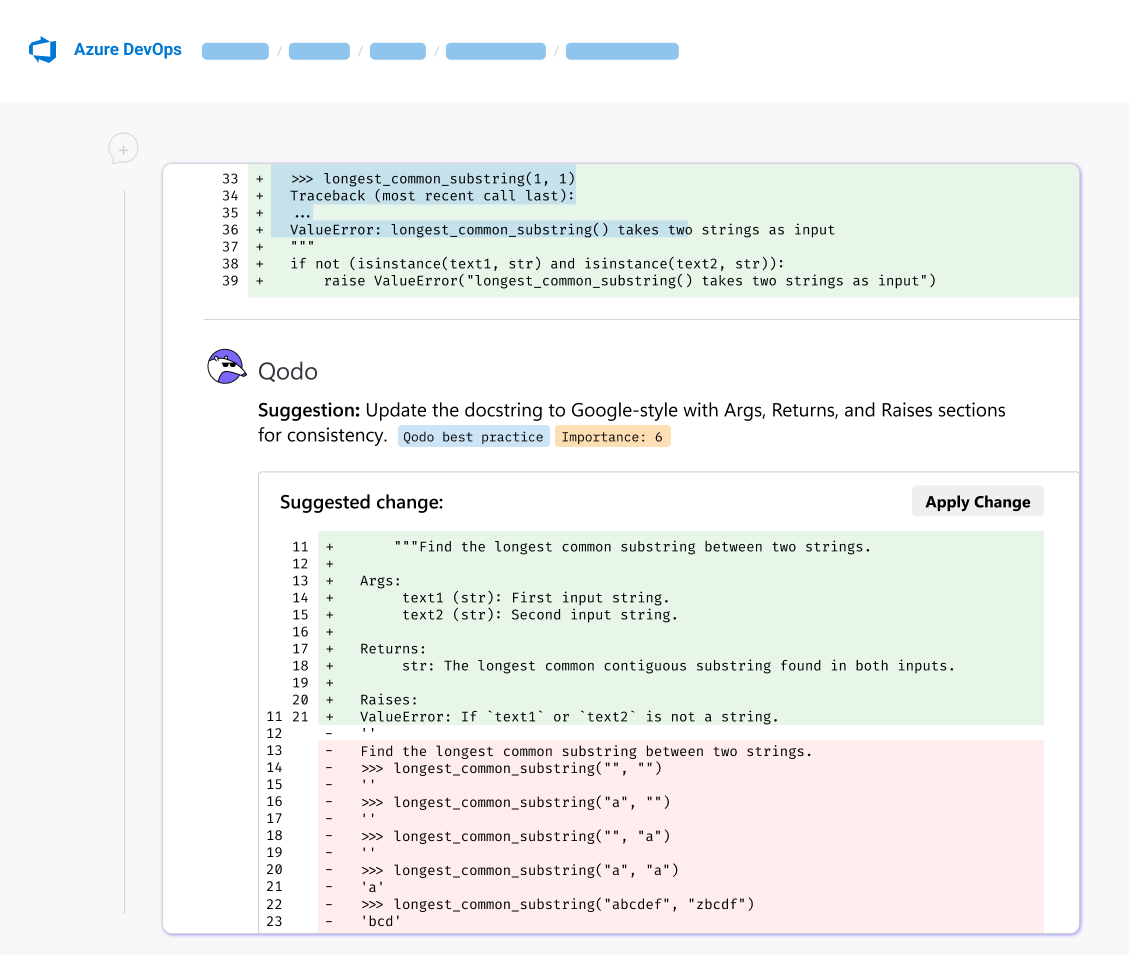 Azure DevOps pull request showing Qodo code review suggestion with Apply Change button