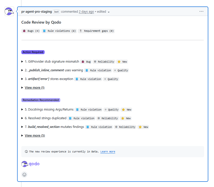 GitHub pull request showing Qodo code review findings grouped by Action Required and Remediation Recommended