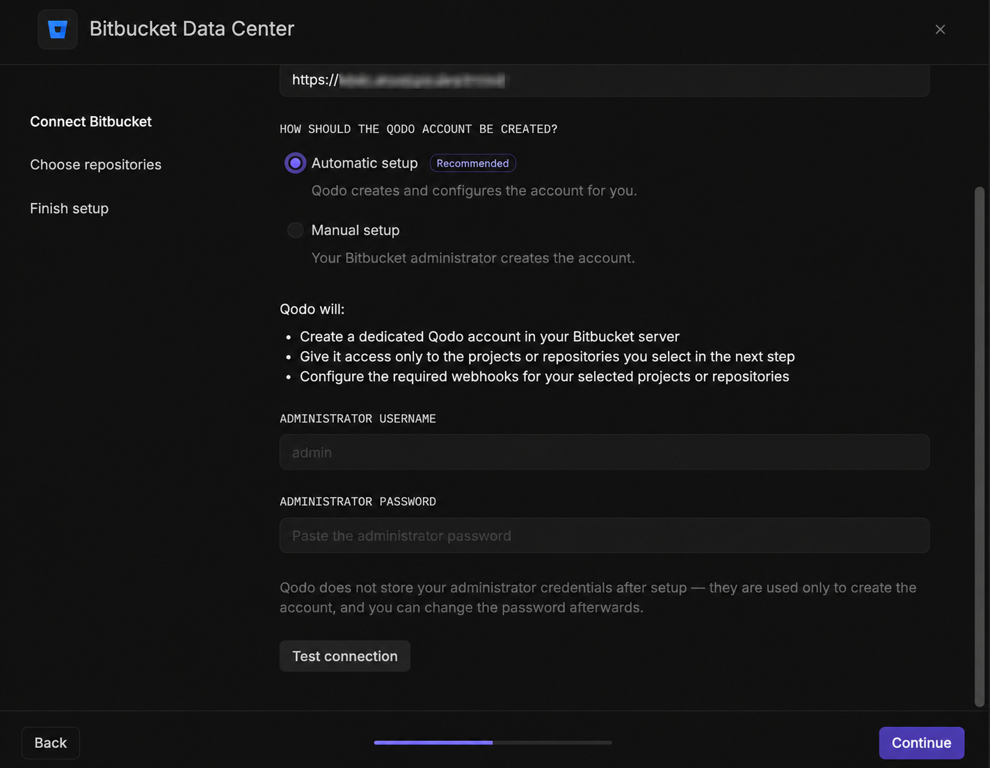 Bitbucket Data Center installation wizard showing the Connect Bitbucket step, with automatic setup selected