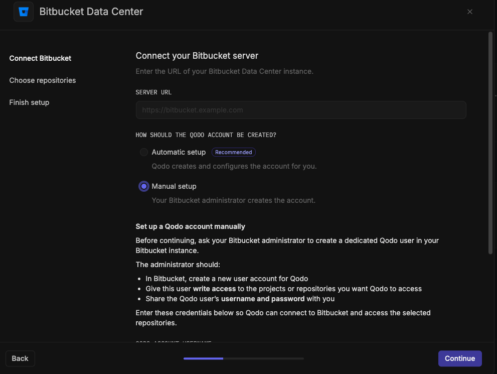 Bitbucket Data Center installation wizard showing the Connect Bitbucket step, with manual setup selected