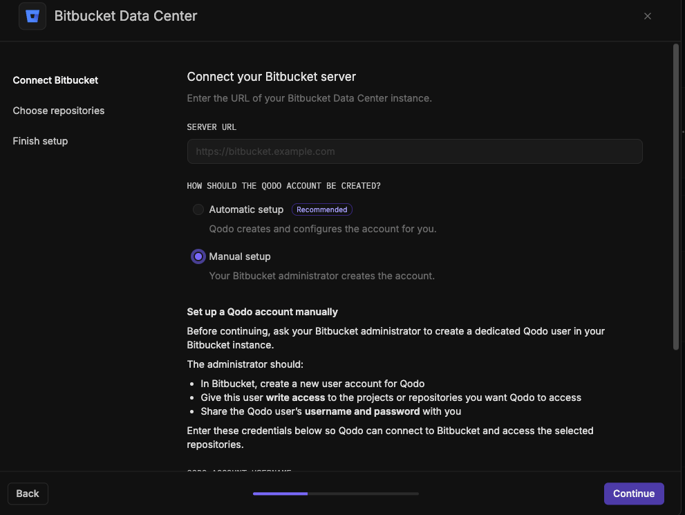 Bitbucket Data Center installation wizard showing the Connect Bitbucket step, with manual setup selected