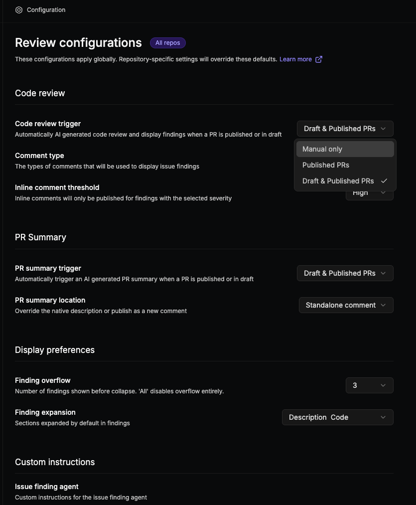 Review configurations page in the Qodo portal showing code review trigger and display settings