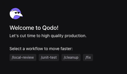 Qodo Gen welcome screen with workflow shortcuts for local-review, unit-test, cleanup, and fix