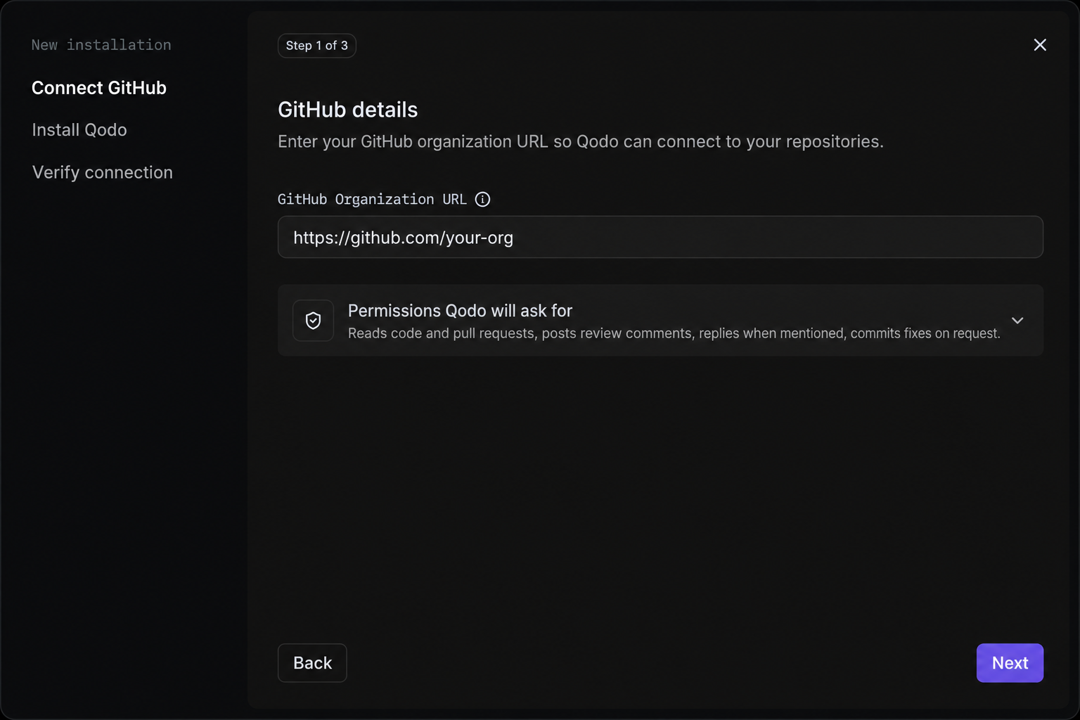 GitHub installation wizard Connect GitHub step with the organization URL field and permissions summary