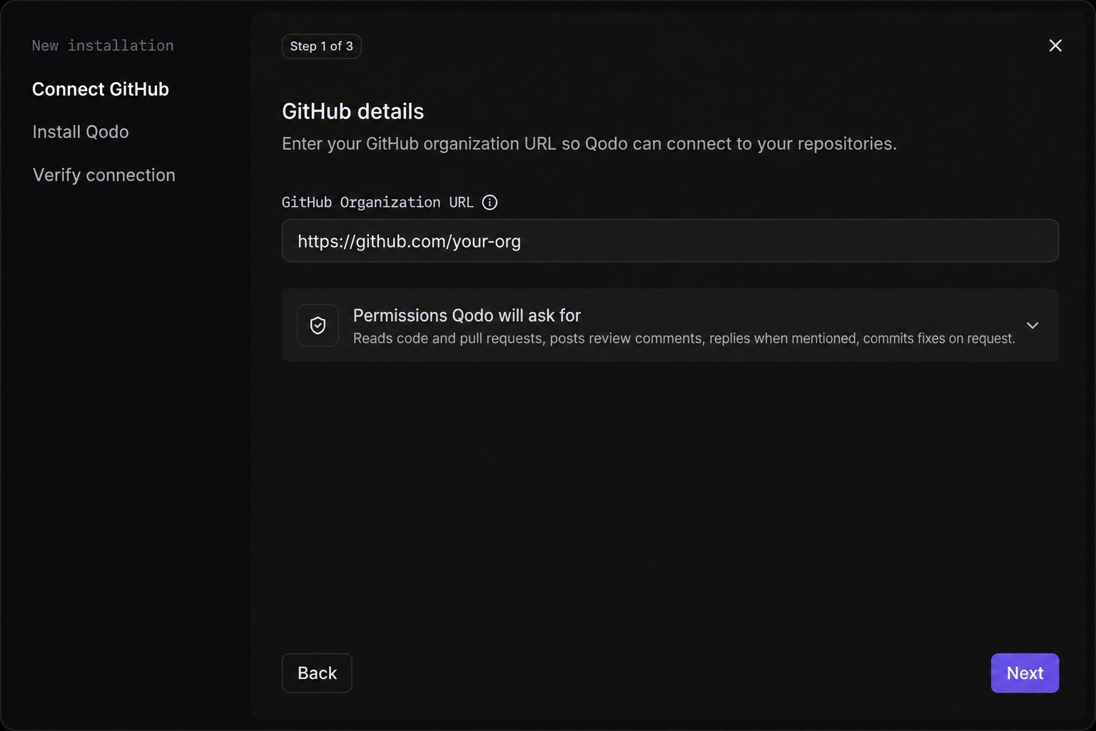GitHub installation wizard Connect GitHub step with the organization URL field and permissions summary