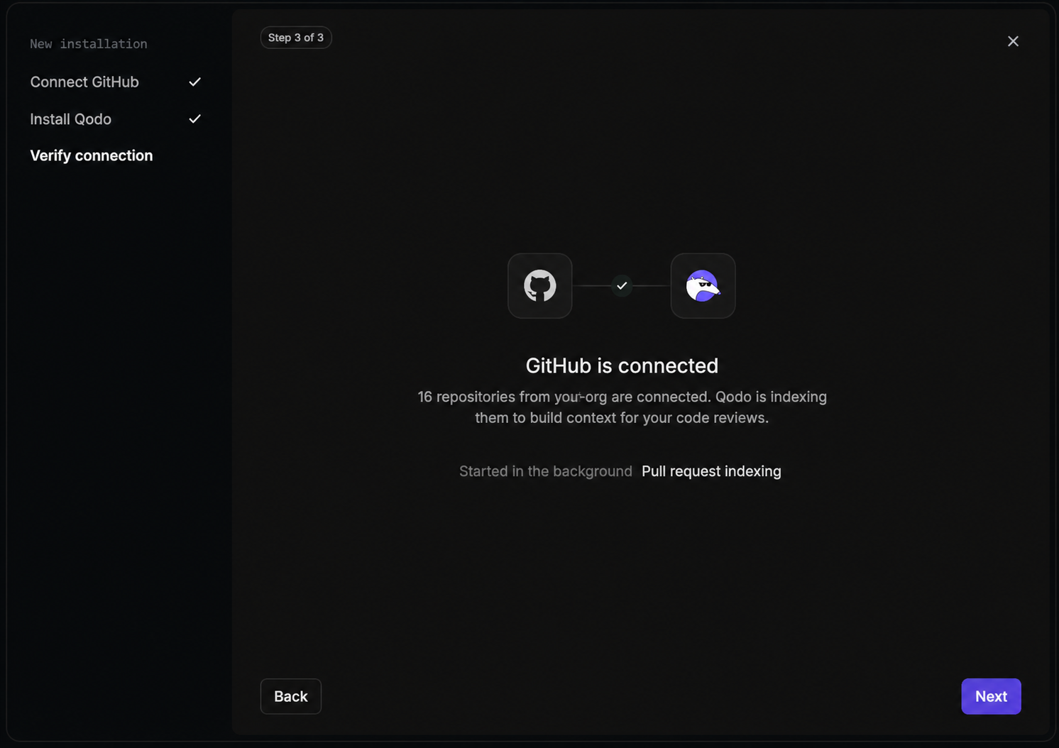 GitHub installation wizard Verify connection step showing the GitHub is connected message