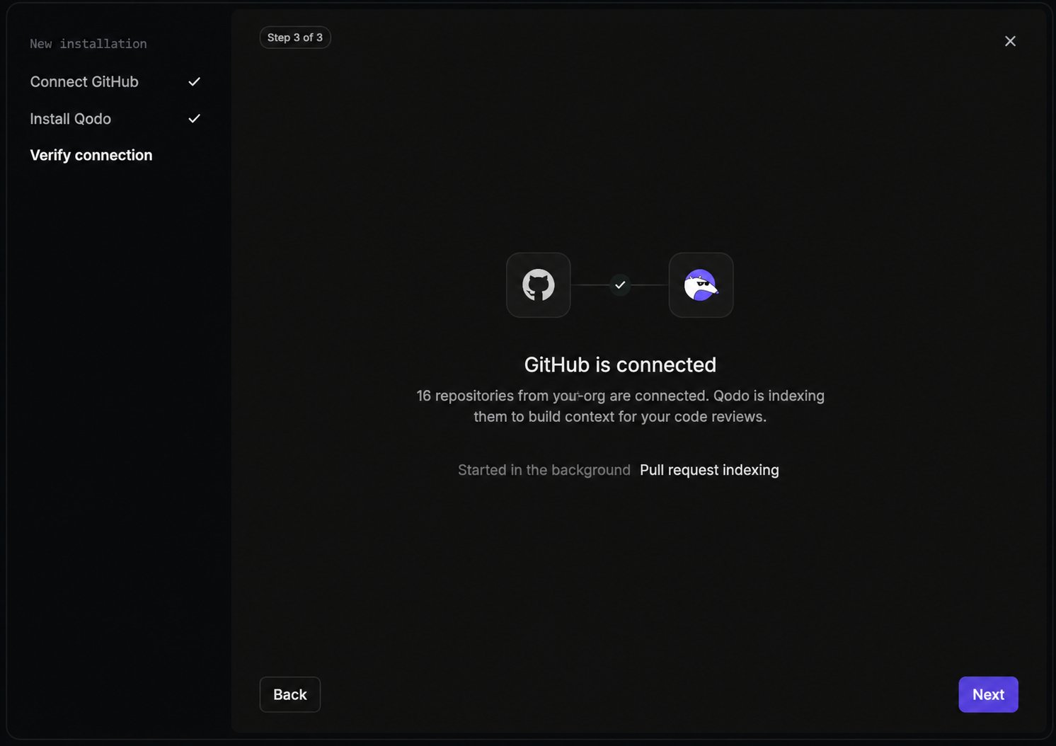 GitHub installation wizard Verify connection step showing the GitHub is connected message