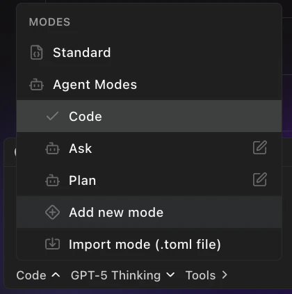 Agent modes list showing Standard, Code, Ask, Plan modes with Add new mode and Import options