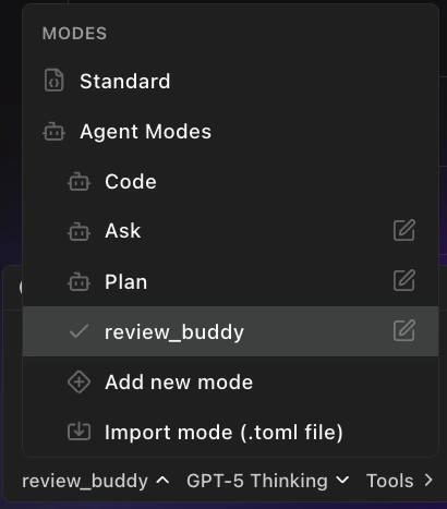 Agent modes list with review_buddy mode selected as the active mode