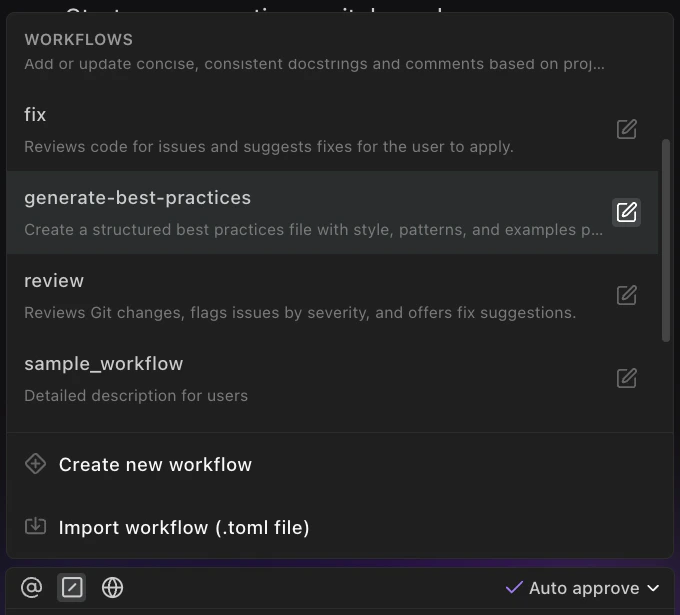 Agent workflows list including a sample_workflow entry with Auto approve toggle