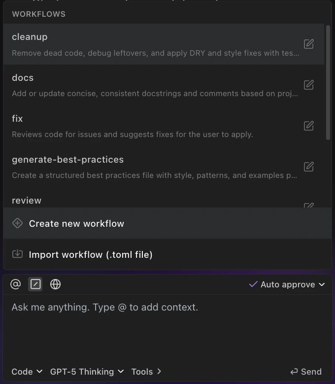 Agent workflows list showing cleanup, docs, fix, and review workflows with Create and Import options