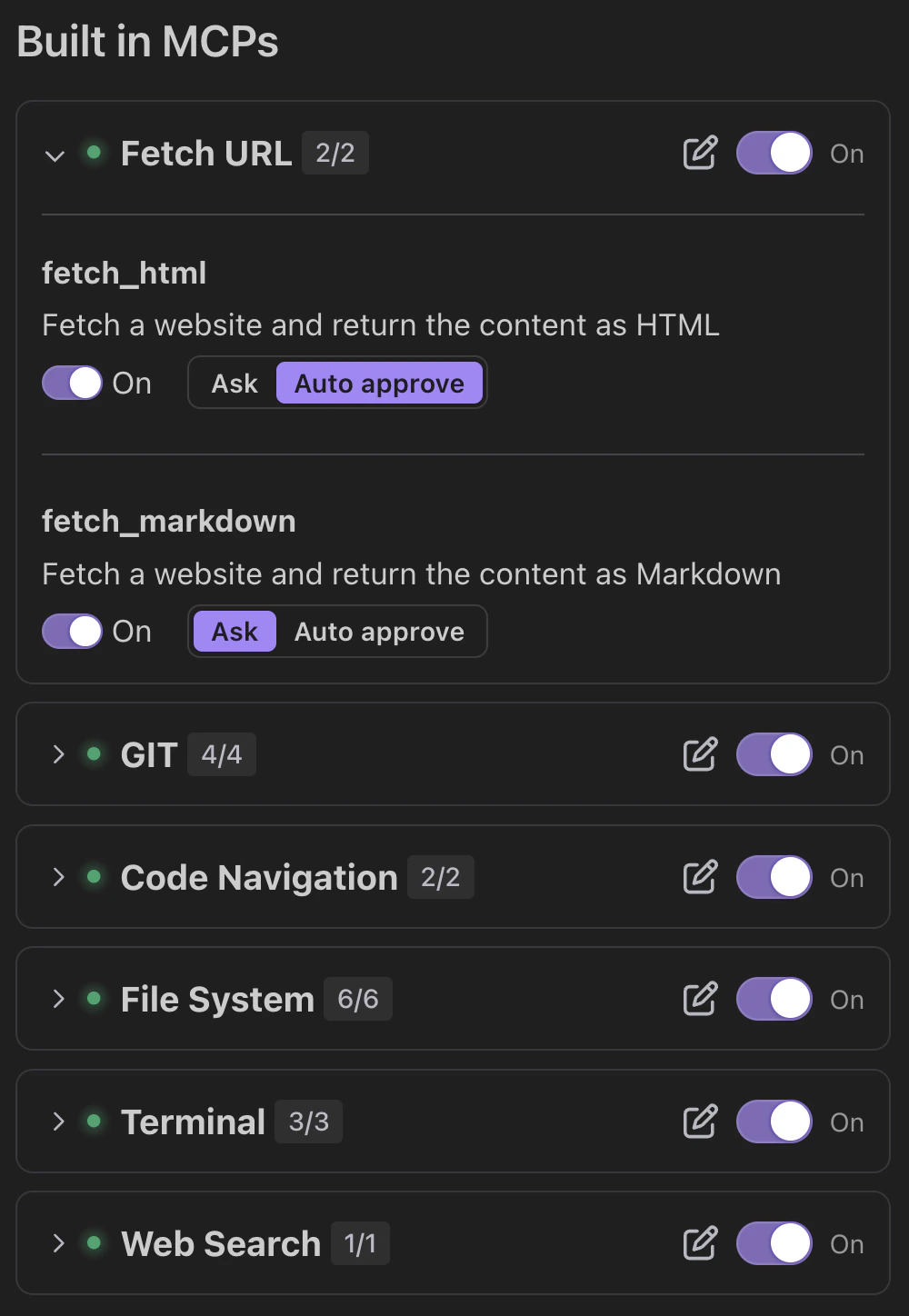 Built-in MCPs panel showing Fetch URL tools expanded with fetch_html and fetch_markdown sub-tools