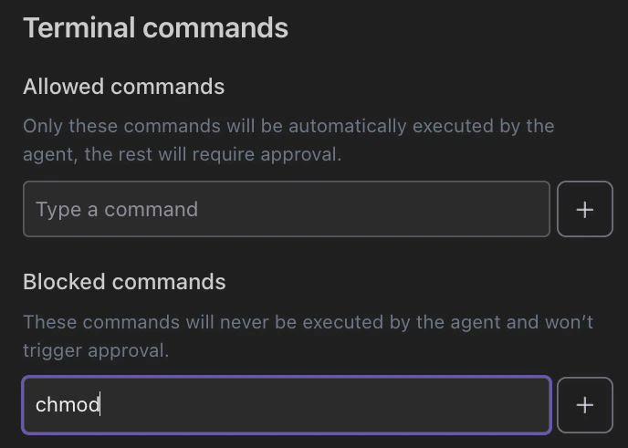 Terminal commands settings showing Allowed commands and Blocked commands configuration fields