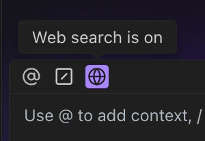 Qodo Gen chat toolbar showing Web search is on notification with globe icon highlighted