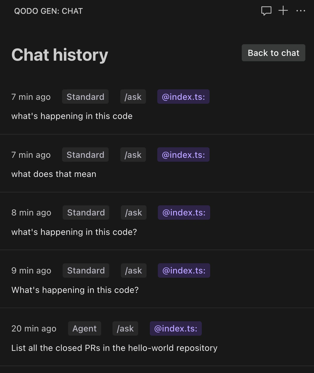 Chat history panel showing recent conversations with timestamps, modes, and file context
