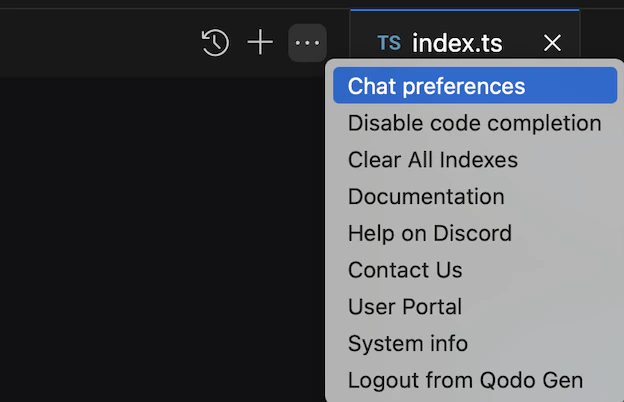 Qodo Gen chat settings menu showing Chat preferences, Disable code completion, and other options