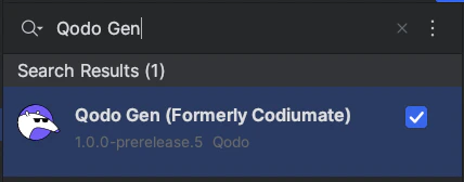 JetBrains plugins search showing Qodo Gen result with install checkbox