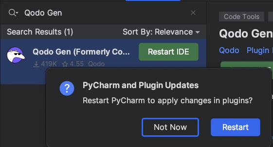 JetBrains restart IDE prompt after installing Qodo Gen plugin