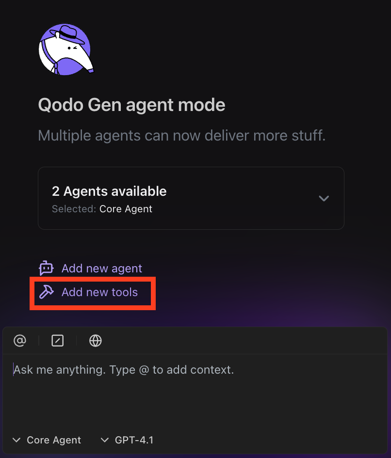 Qodo Gen agent mode showing Add new tools button to access tool management