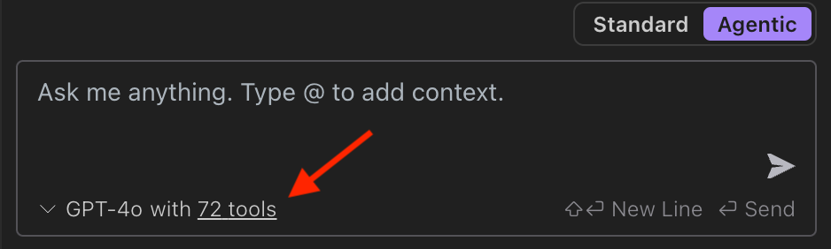 Qodo Gen chat toolbar showing Standard and Agentic mode tabs with tool count
