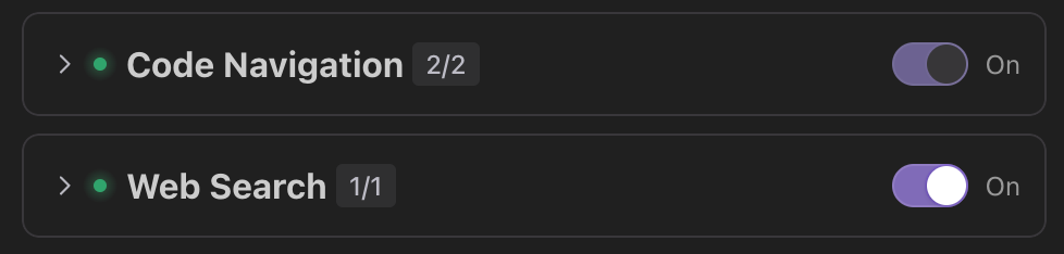 Code Navigation and Web Search built-in MCPs shown with toggle controls