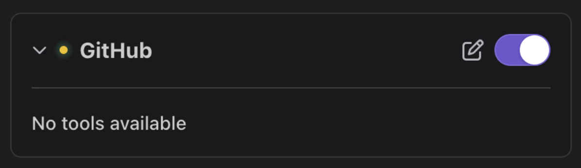 GitHub MCP expanded showing No tools available indicating a connection issue