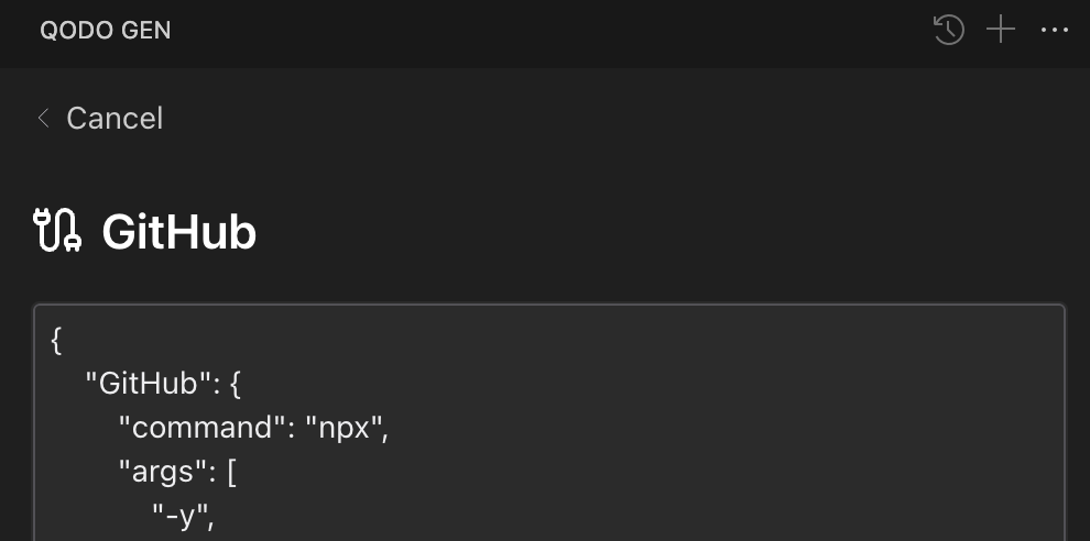 GitHub MCP JSON configuration editor showing server command and arguments