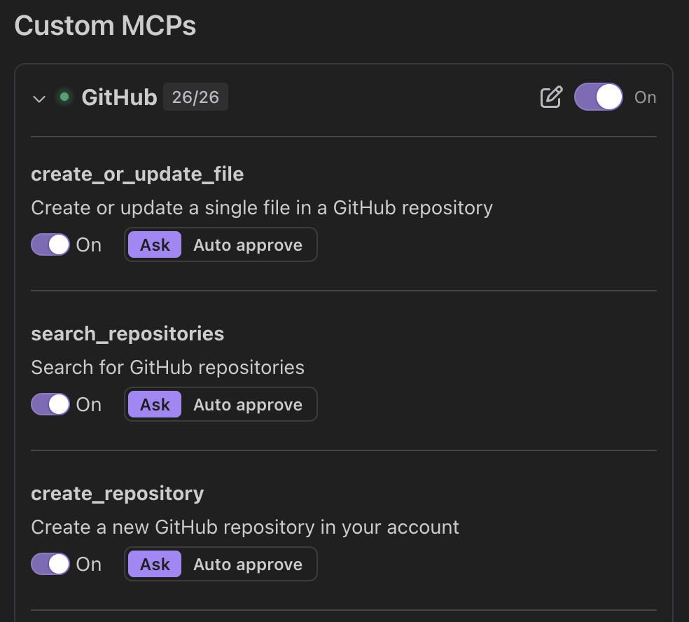 GitHub custom MCP expanded showing sub-tools with On, Ask, and Auto approve controls