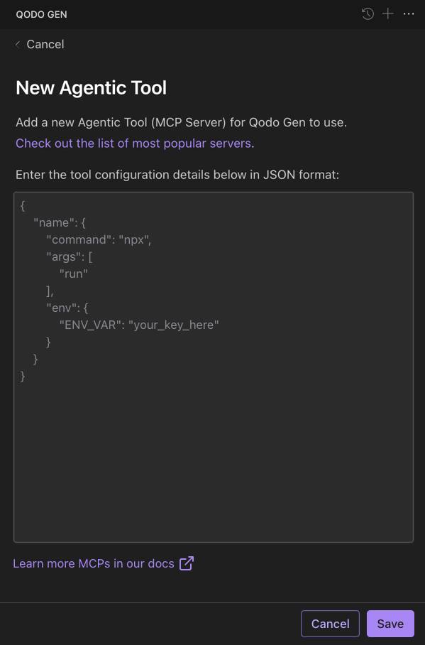 New Agentic Tool form with JSON configuration editor for adding an MCP server