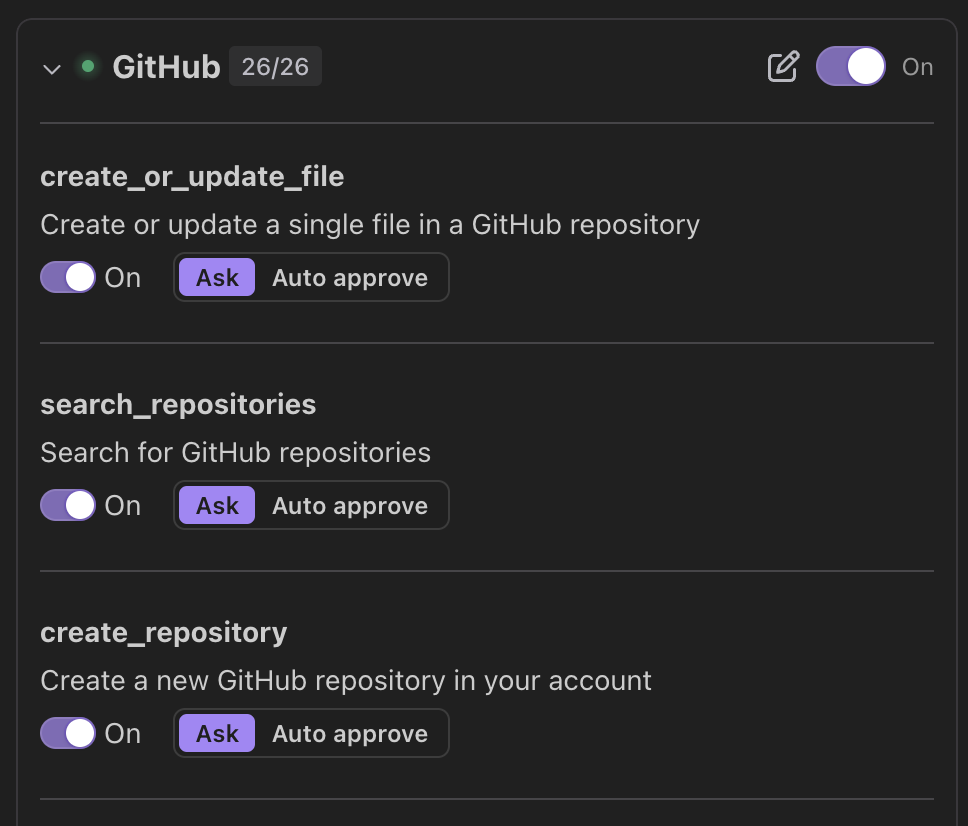 GitHub MCP showing expanded tools list with On toggle and Ask and Auto approve options