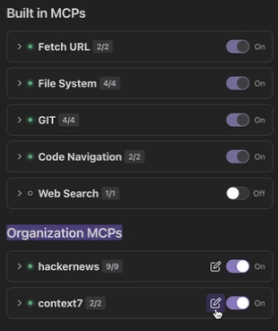 MCP panel showing Built-in MCPs and Organization MCPs including hackernews and context7 entries