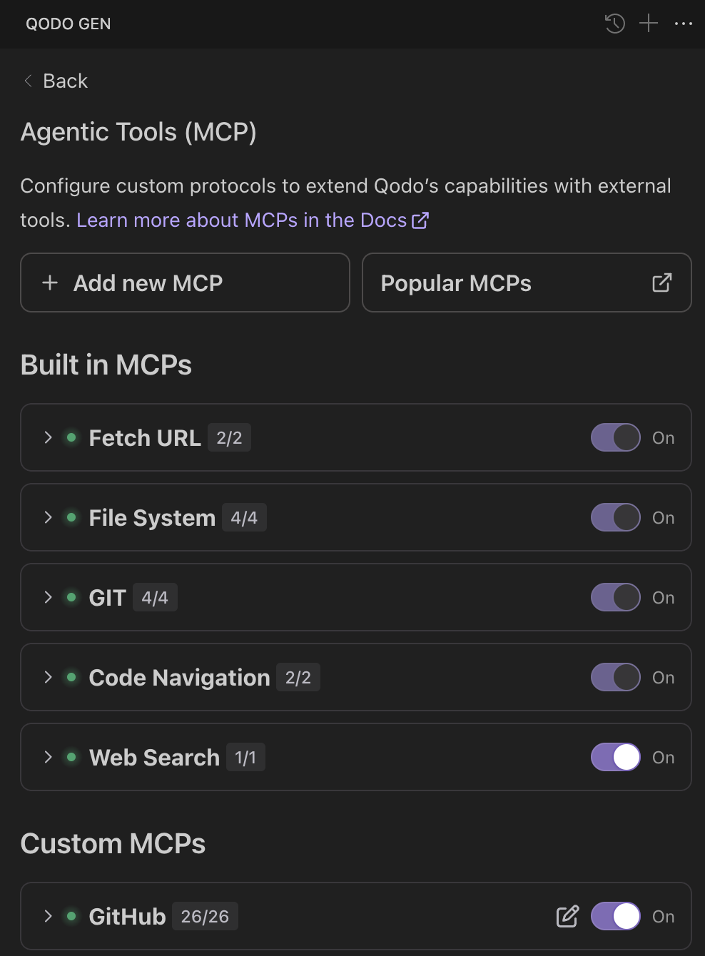 Agentic Tools MCP full panel showing Add new MCP button and list of built-in and custom MCPs