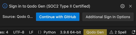 VS Code sign-in popup showing Continue with GitHub and Additional Sign In Options buttons