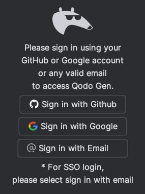 Qodo Gen sign-in options screen showing GitHub, Google, and Email sign-in buttons