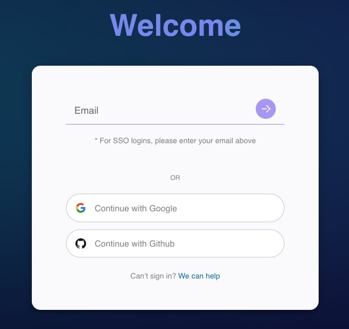 Qodo web welcome screen with email field and Continue with Google or GitHub options