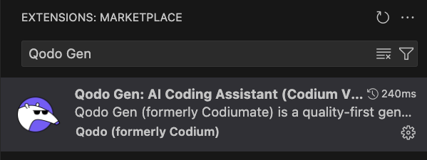 VS Code Extensions Marketplace showing Qodo Gen search result with install option