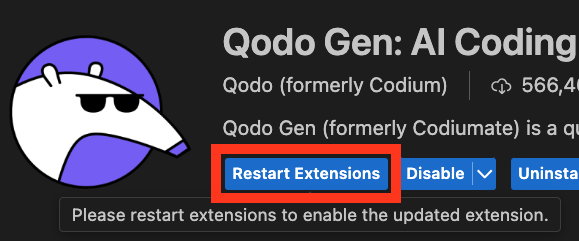 Qodo Gen extension page showing Restart Extensions button to activate the plugin