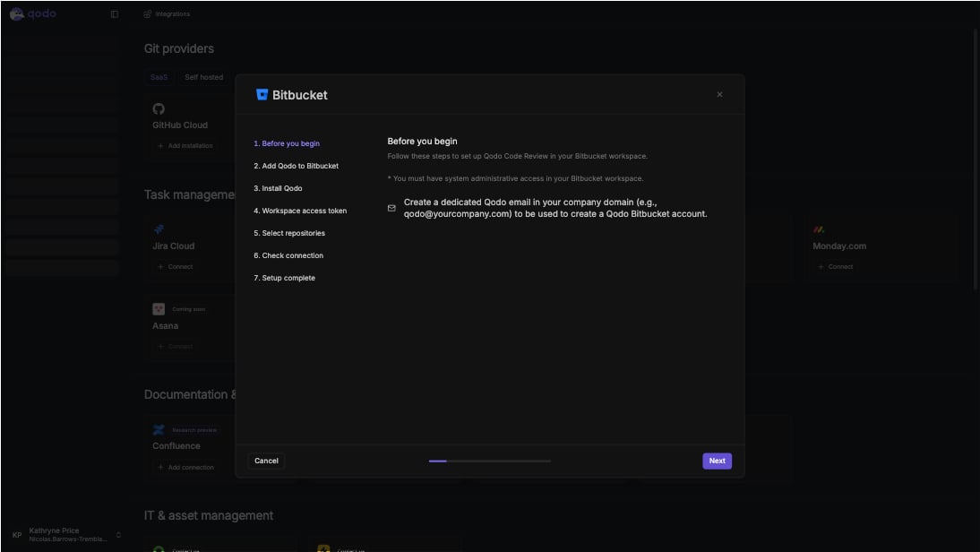 Bitbucket installation wizard showing Before you begin step with prerequisites and steps overview