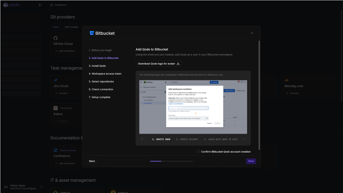 Bitbucket installation wizard showing Add Qodo to Bitbucket step with an embedded reference guide for inviting the user, creating the account, and logging in