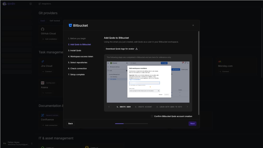 Bitbucket installation wizard showing Add Qodo to Bitbucket step with an embedded reference guide for inviting the user, creating the account, and logging in