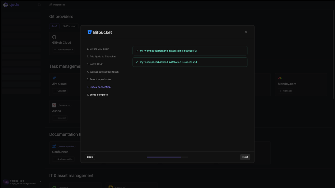 Bitbucket installation wizard showing Check connection step with per-repository installation success confirmations