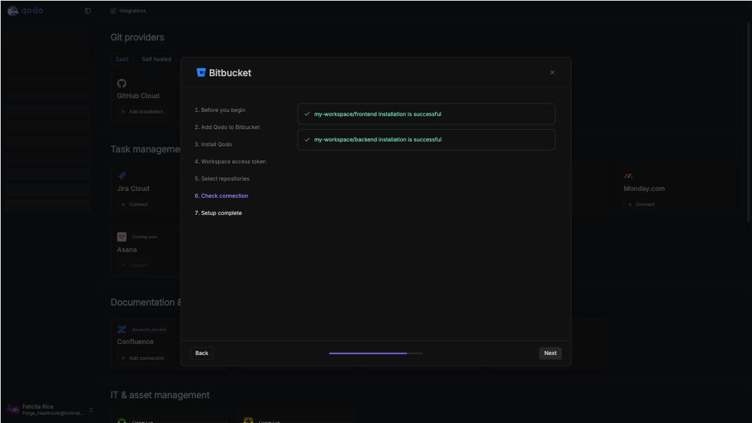 Bitbucket installation wizard showing Check connection step with per-repository installation success confirmations