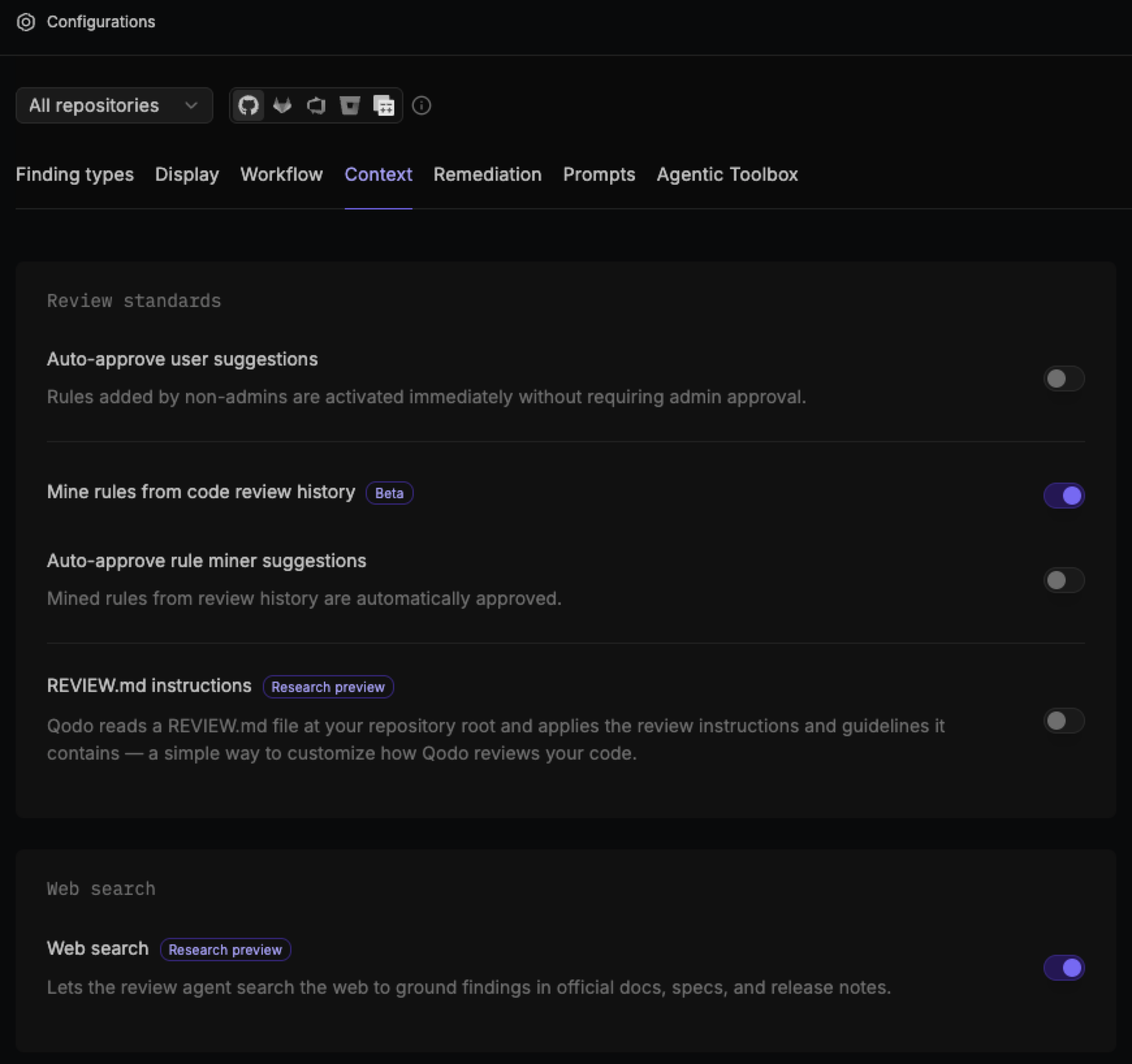 Review standards section of the Context tab, showing Auto-approve user suggestions, Mine rules from code review history, Auto-approve rule miner suggestions, and REVIEW.md instructions