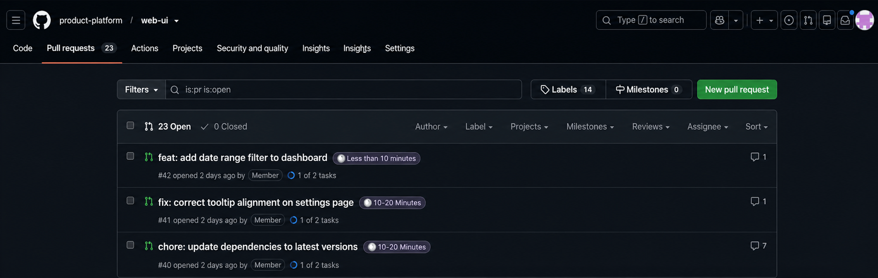 GitHub pull request list showing review time estimate labels such as "Less than 10 minutes" and "10-20 Minutes" next to each pull request title