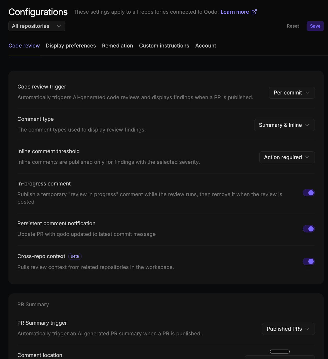Code review tab of the Configurations page showing the code review trigger, comment type, inline comment threshold, in-progress comment, persistent comment notification, and cross-repo context settings, with the PR Summary trigger setting visible below