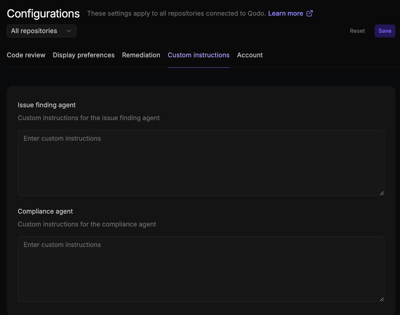 Custom instructions tab of the Configurations page with text fields for the Issue finding agent and Compliance agent