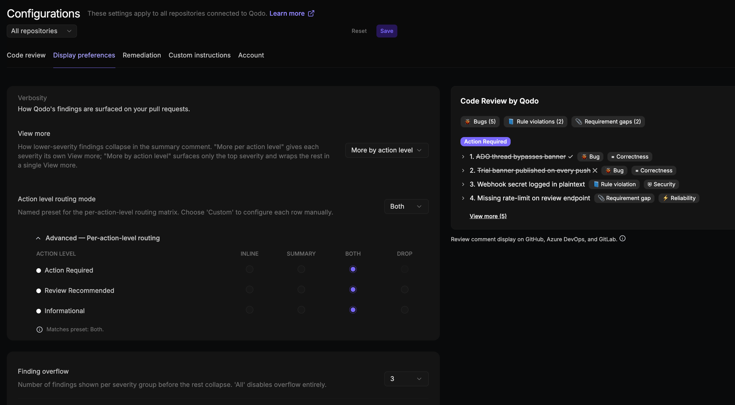 Display preferences tab of the Configurations page showing the Verbosity settings (View more, Action level routing mode, and the per-action-level routing matrix) above the finding overflow setting, alongside a live preview of the review comment