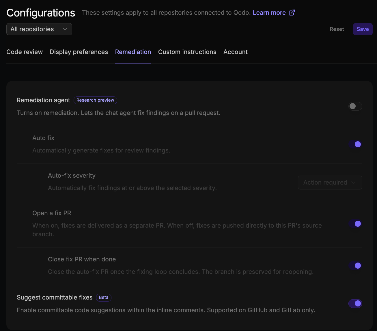 Remediation tab of the Configurations page showing the remediation agent, auto fix, auto-fix severity, open a fix PR, close fix PR when done, and suggest committable fixes settings